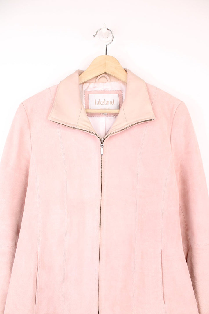 Y2K pink suede jacket with two side pockets and zip closure by Lakeland. 