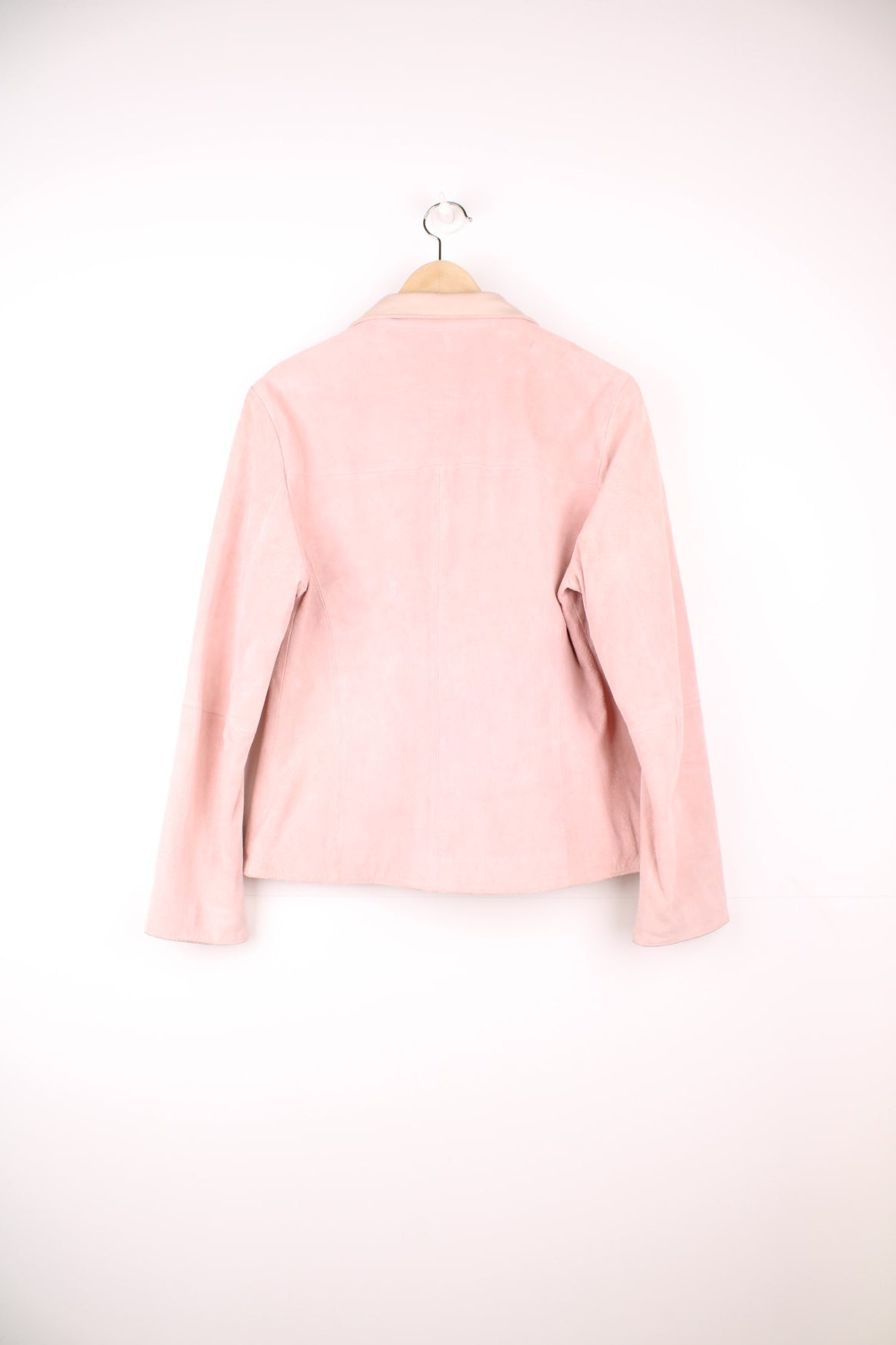 Y2K pink suede jacket with two side pockets and zip closure by Lakeland. 