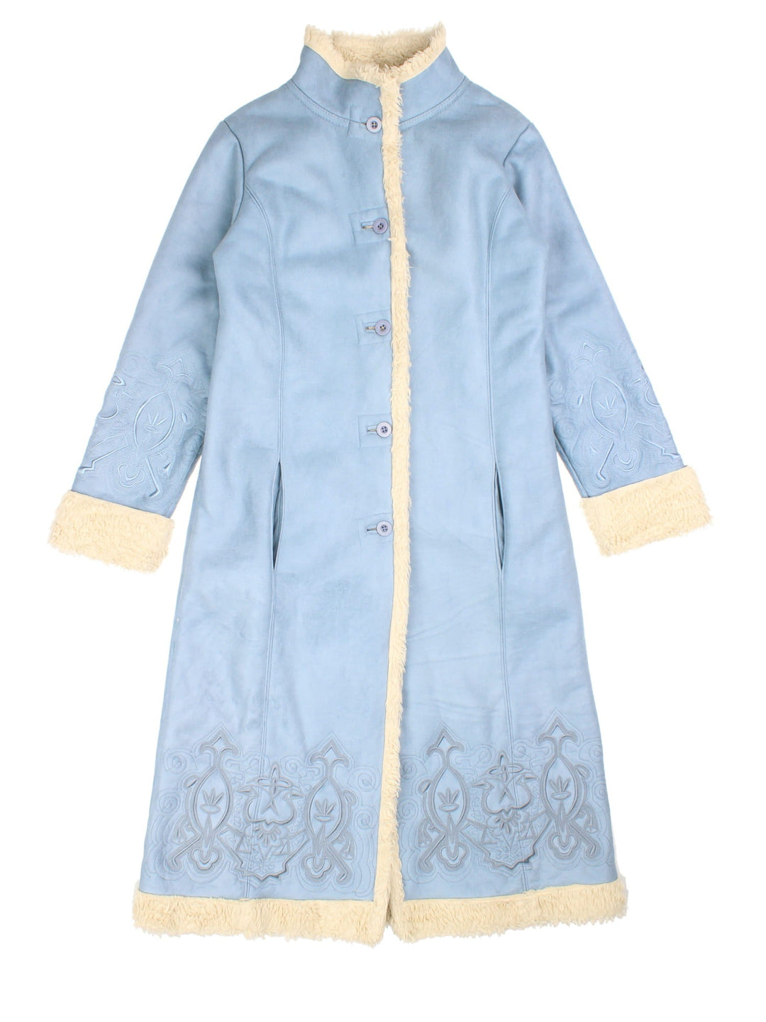 Y2K suede-effect afghan coat in powder blue with sherpa trim, embroidery around the hem and sleeves, two pockets, and button closure, by Centigrade.