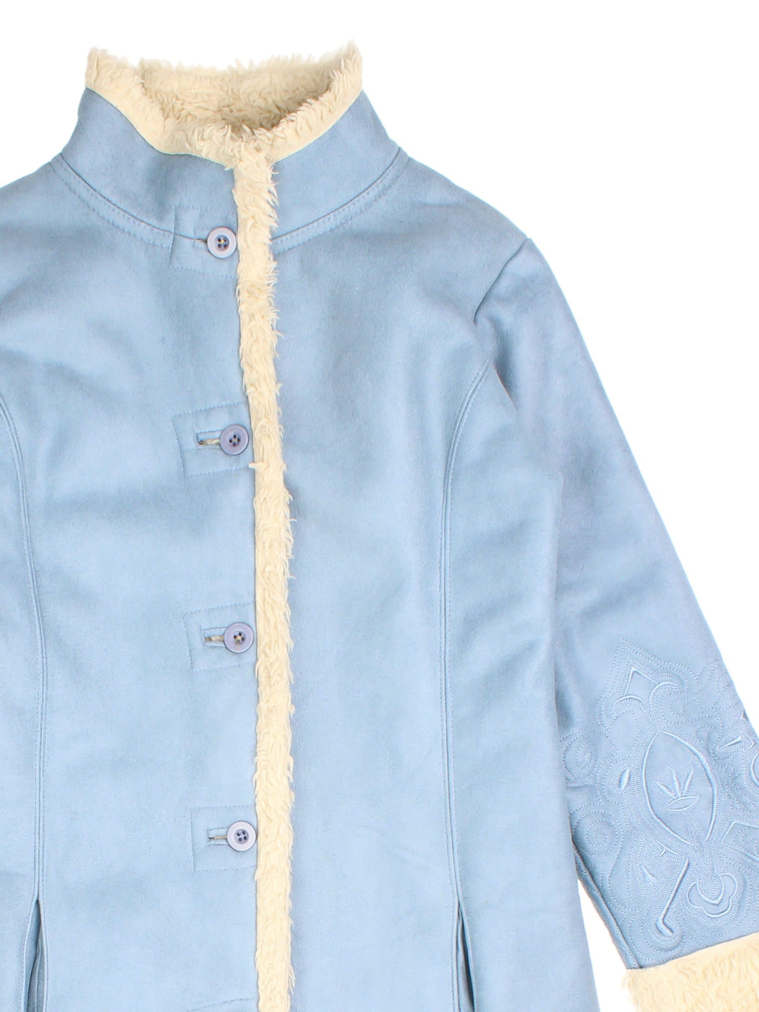 Y2K suede-effect afghan coat in powder blue with sherpa trim, embroidery around the hem and sleeves, two pockets, and button closure, by Centigrade.