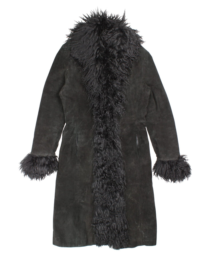 New Look suede afghan coat in black with 100% lamb's wool trim, two pockets, and hook and eye closure.