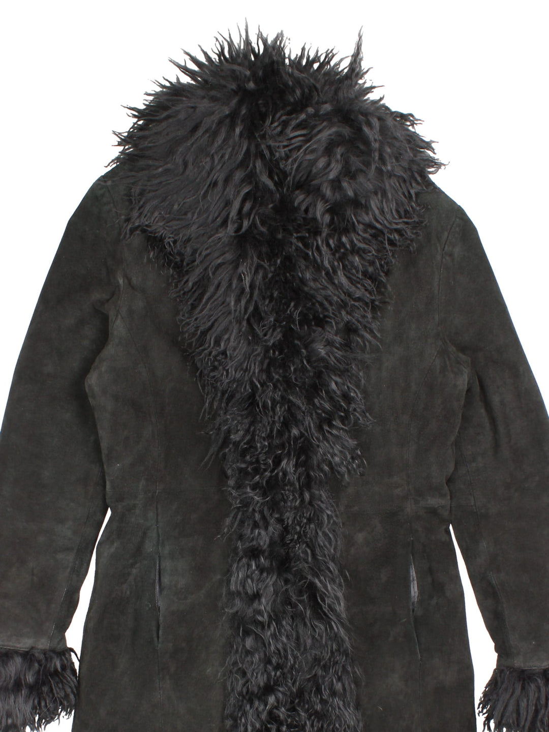 New Look suede afghan coat in black with 100% lamb's wool trim, two pockets, and hook and eye closure.