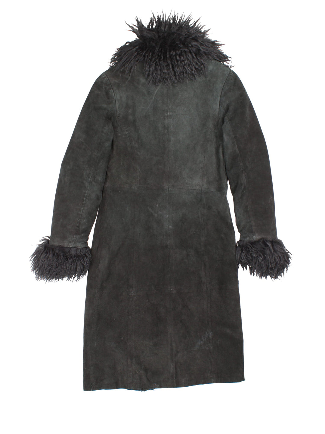 New Look suede afghan coat in black with 100% lamb's wool trim, two pockets, and hook and eye closure.