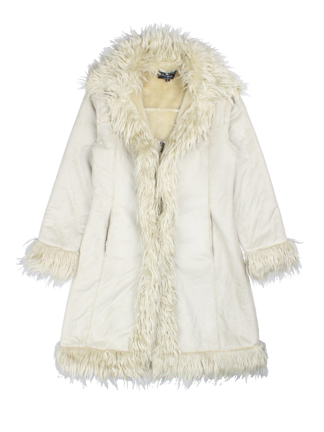 Y2K suede-effect afghan coat in white with faux fur trim, two pockets and zip closure.