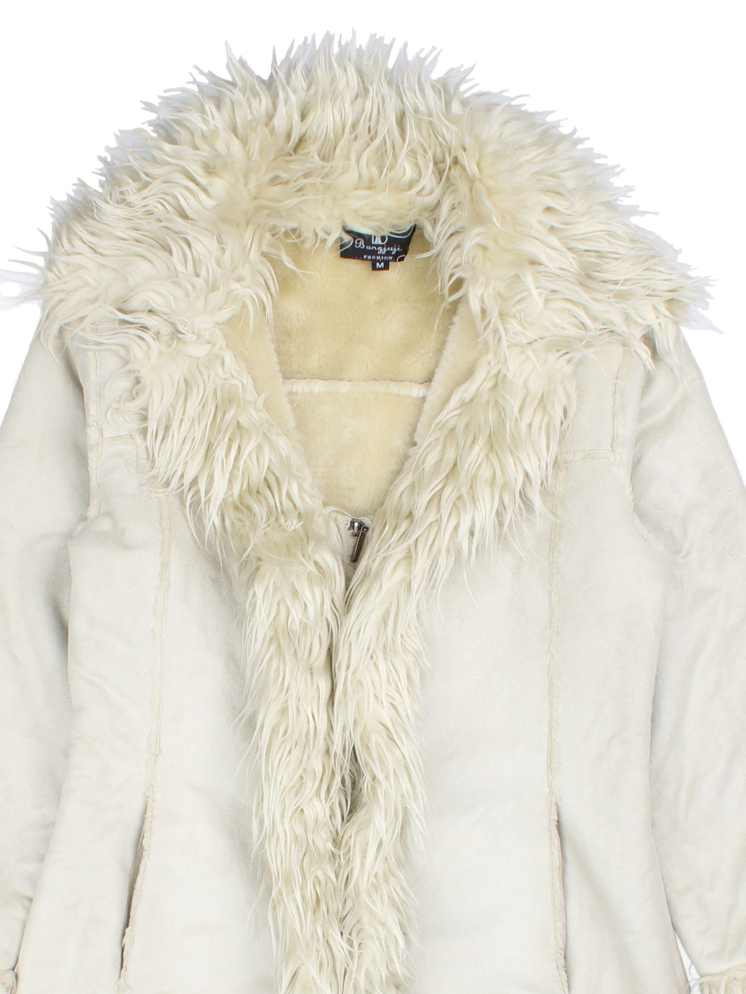 Y2K suede-effect afghan coat in white with faux fur trim, two pockets and zip closure.