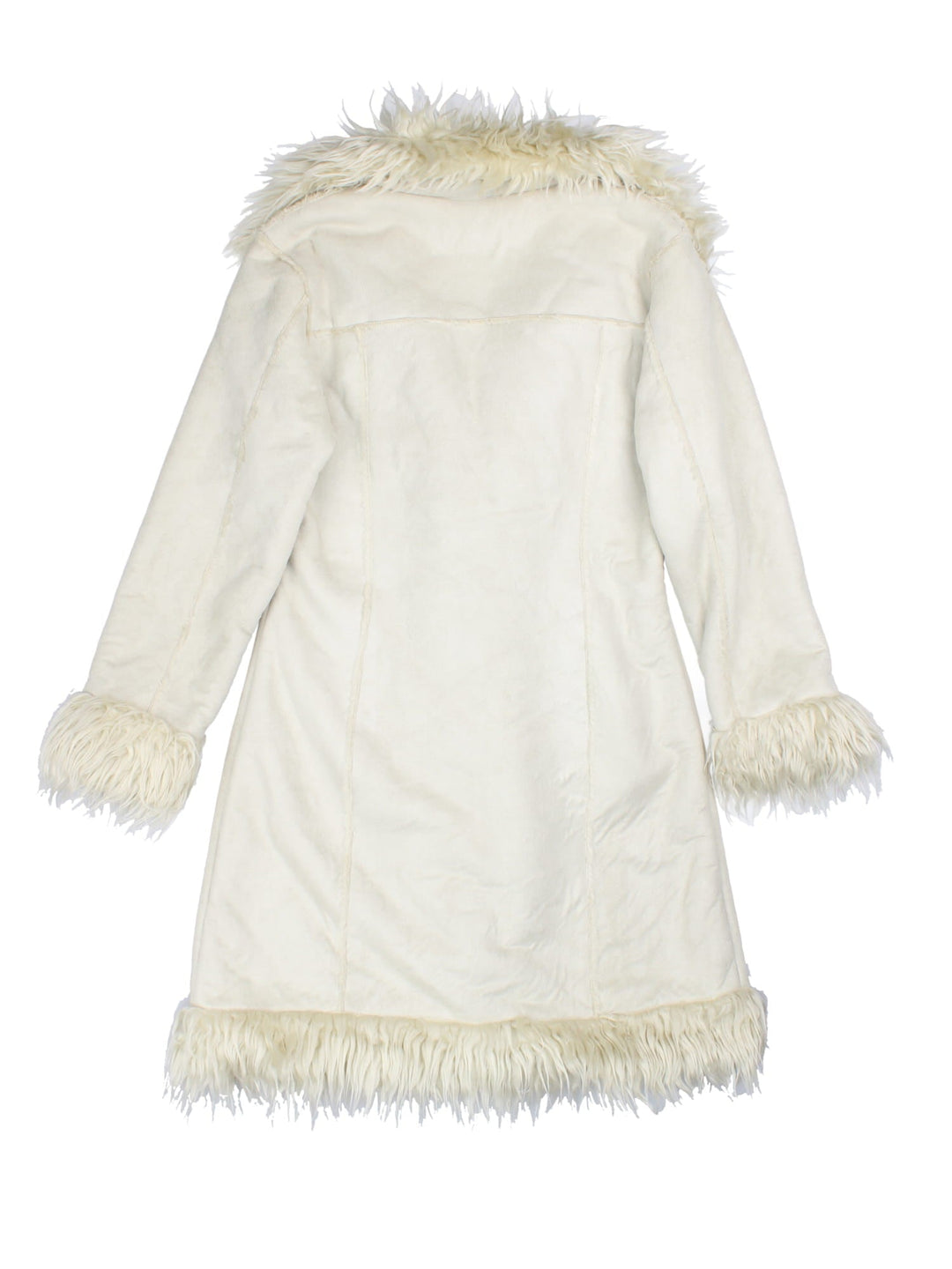 Y2K suede-effect afghan coat in white with faux fur trim, two pockets and zip closure.