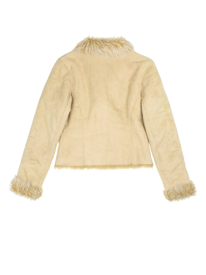 Y2K suede-effect cropped afghan jacket in tan with faux fur trim, two pockets, and button closure.