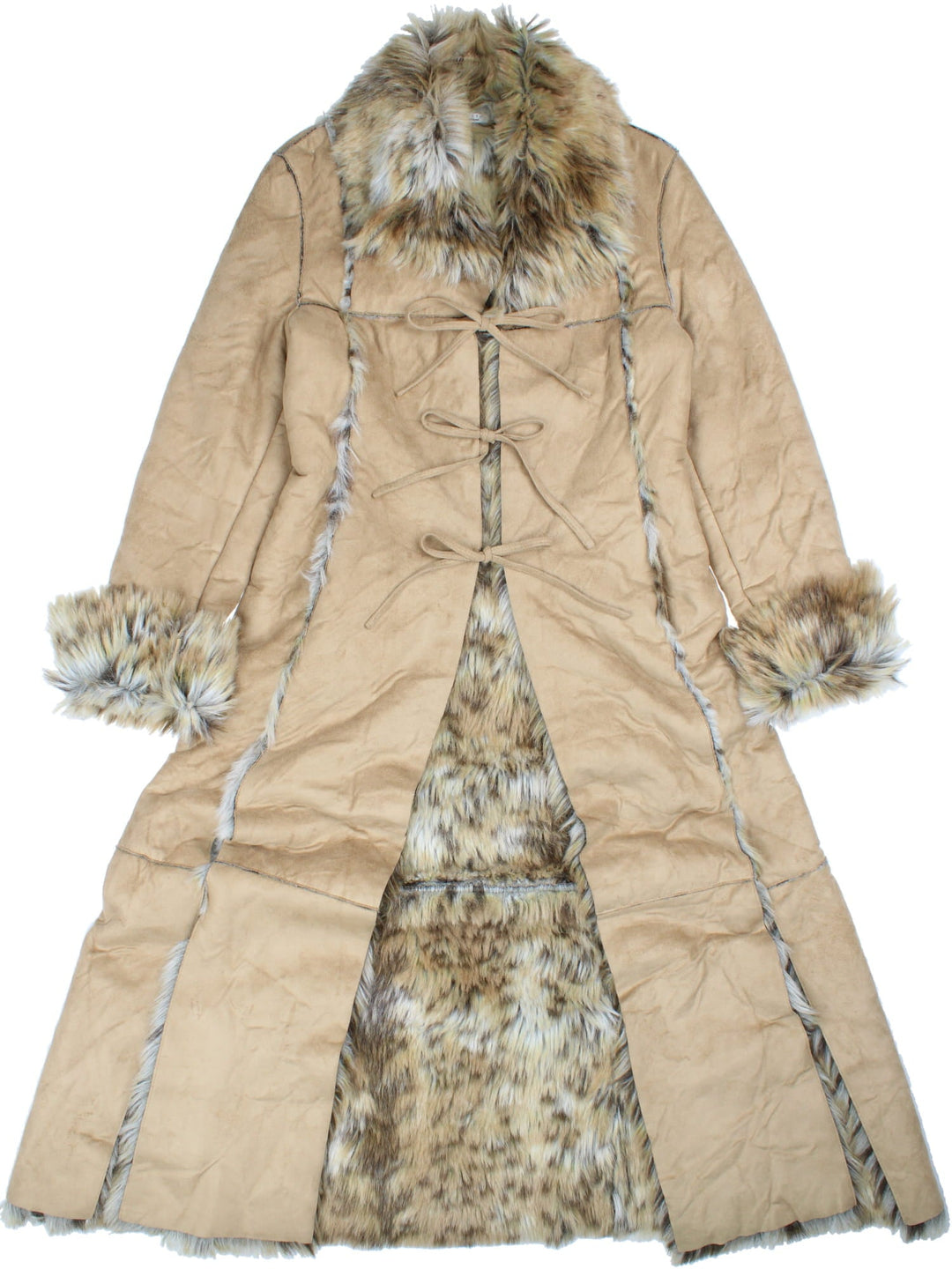 Y2K Esisto Conbipel panelled suede-effect afghan coat in tan with faux fur trim and lining and tie closure.