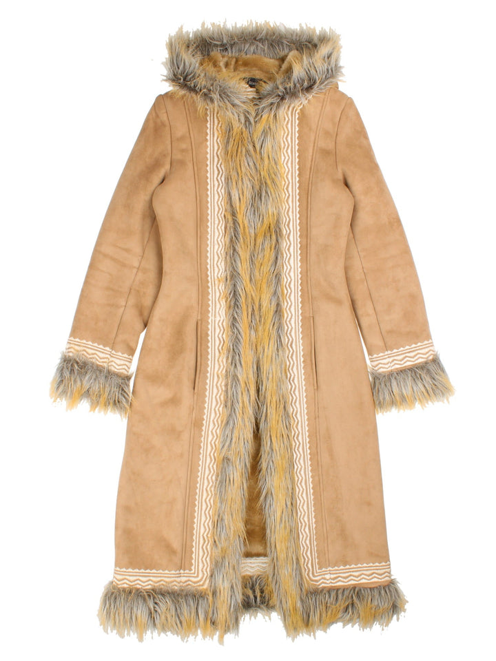 Y2K suede-effect hooded afghan coat in tan with faux fur trim, embroidery, two pockets, and hook and eye closure by Blanc-Noir.