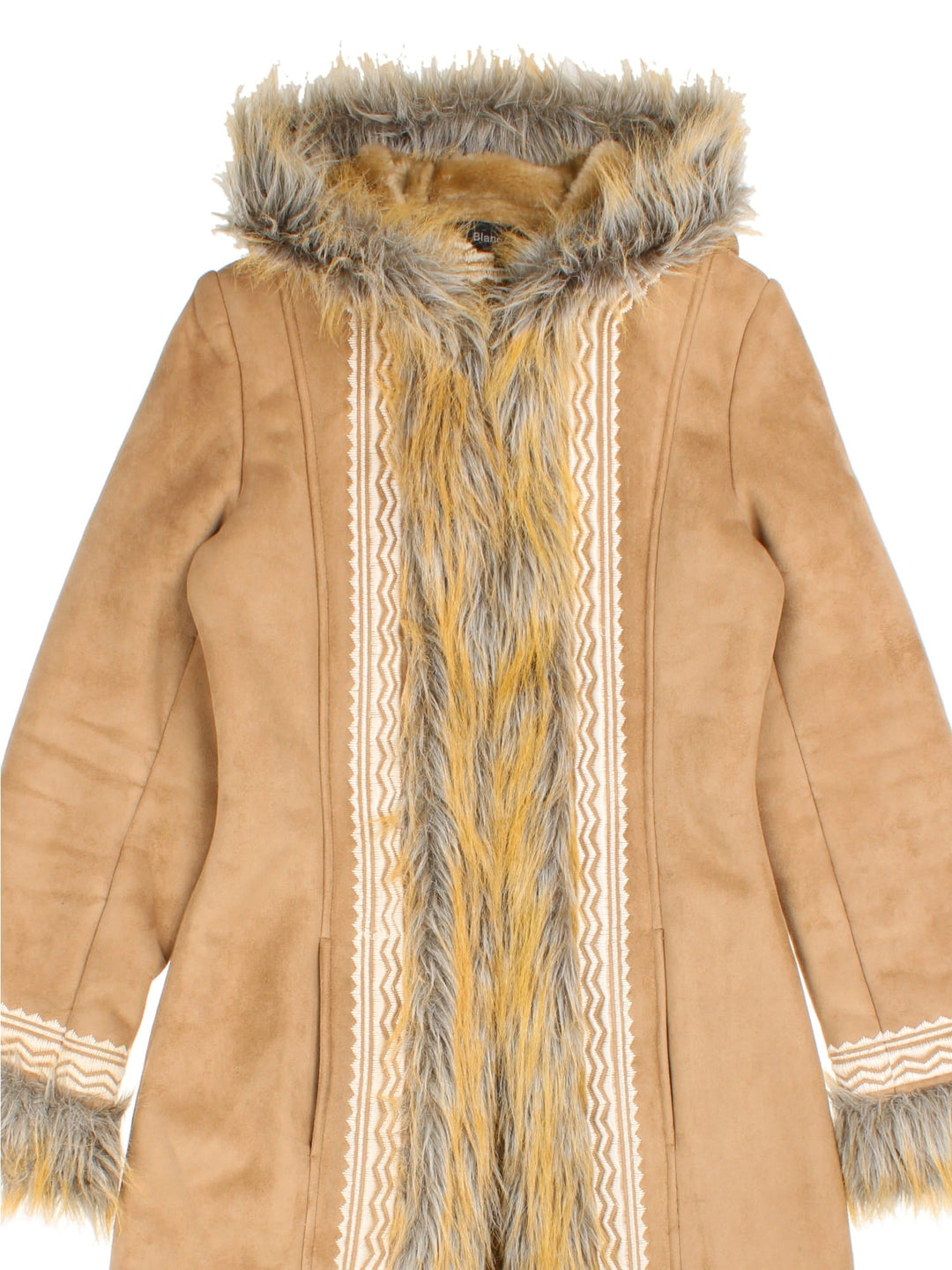 Y2K suede-effect hooded afghan coat in tan with faux fur trim, embroidery, two pockets, and hook and eye closure by Blanc-Noir.