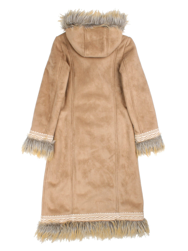 Y2K suede-effect hooded afghan coat in tan with faux fur trim, embroidery, two pockets, and hook and eye closure by Blanc-Noir.