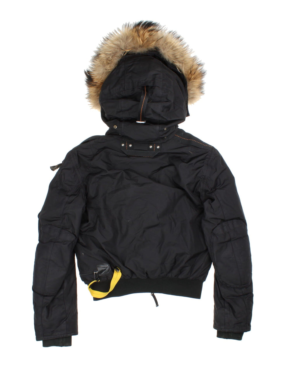 Parajumpers Gobi down coat in black with multiple utility pockets, a velcro logo patch, fur-lined hood, and a PJS carabiner attached.