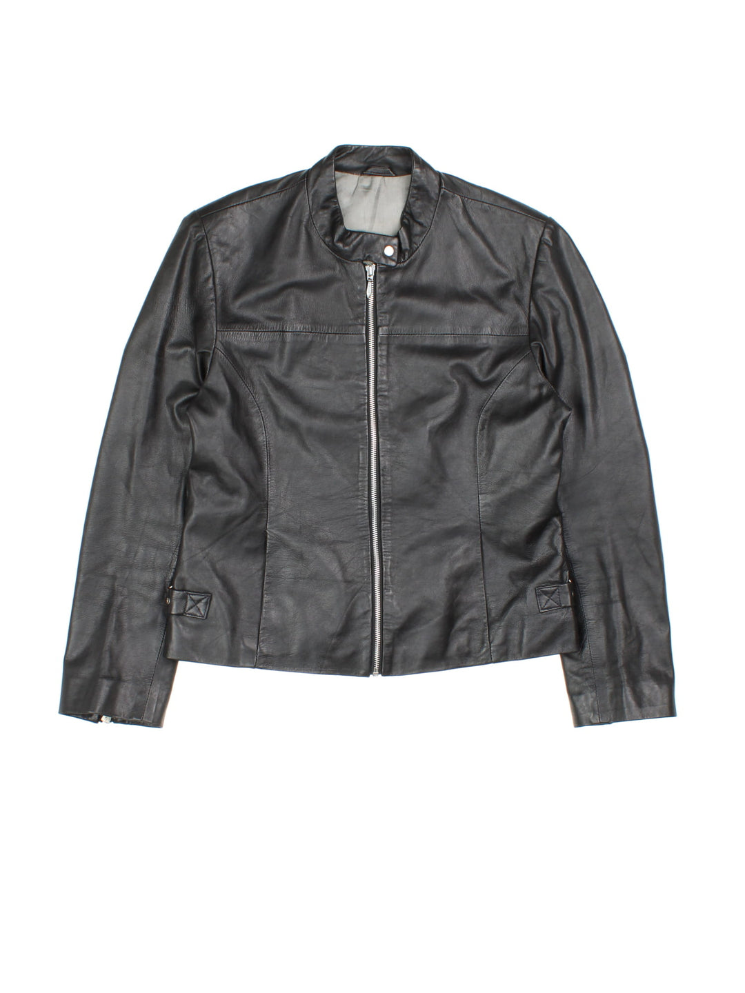 Y2K Leather Biker Jacket in a black colourway, zips up and has side pockets, button up collar and belt features on the sides.