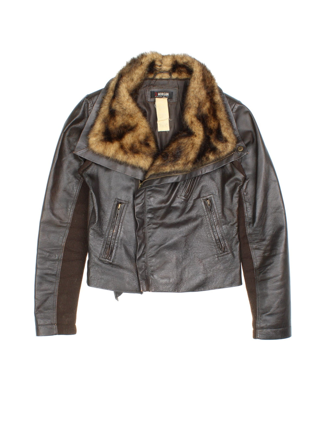 Vintage Y2K Morgan De Toi Faux Fur Collar Leather Jacket in a brown colourway, zips up and has a big faux fur collar and has multiple pockets.