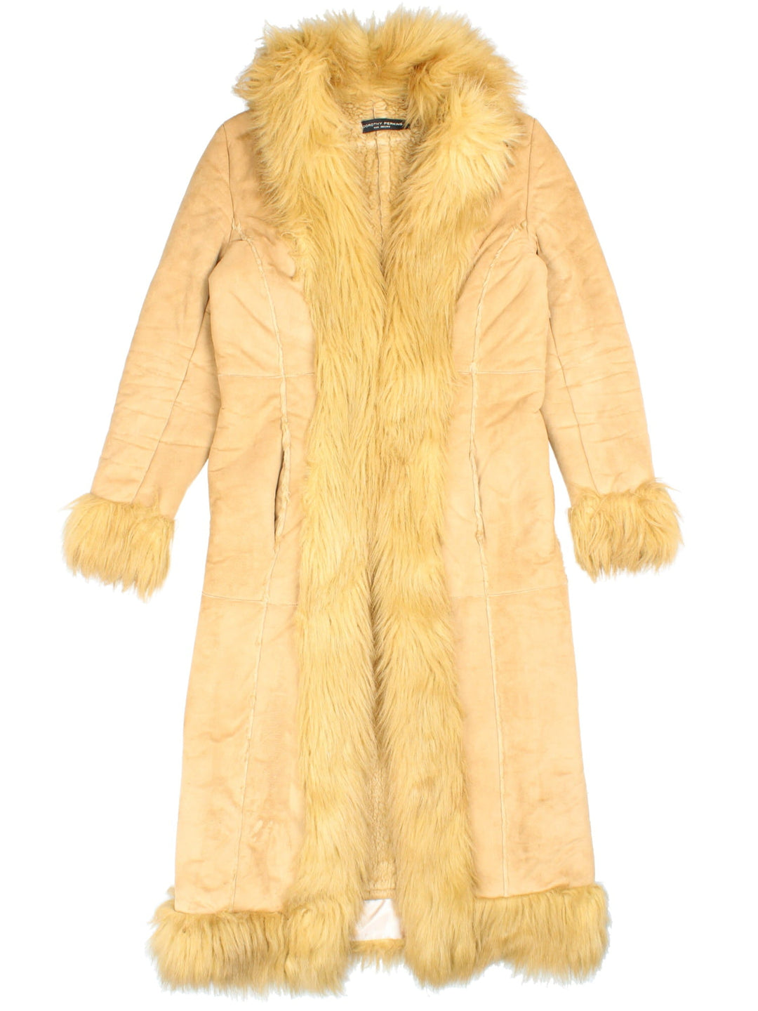 Vintage Y2K Dorothy Perkins Afghan Coat in a tan colourway, clasp closures, has side pockets and a big fur lining and collar.