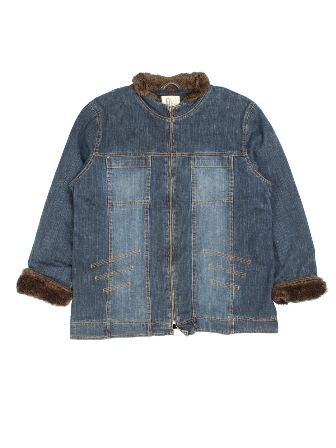 Vintage Y2K Denim Jacket in a blue colourway, zips up and has double chest pockets, brown faux fur cuffs and collar, and has contrast cross stitching throughout.