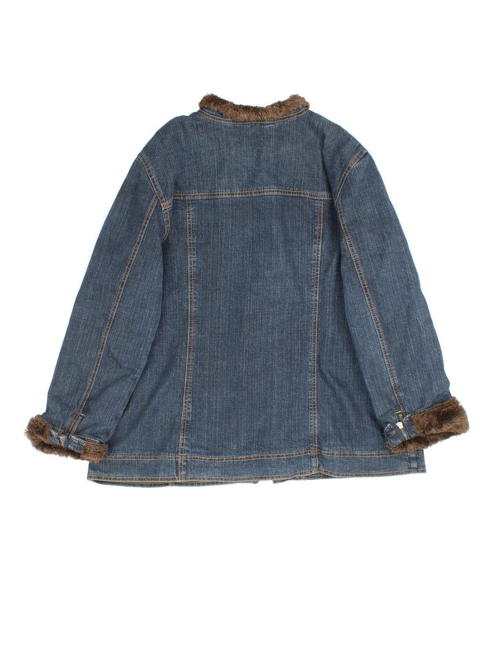 Vintage Y2K Denim Jacket in a blue colourway, zips up and has double chest pockets, brown faux fur cuffs and collar, and has contrast cross stitching throughout.