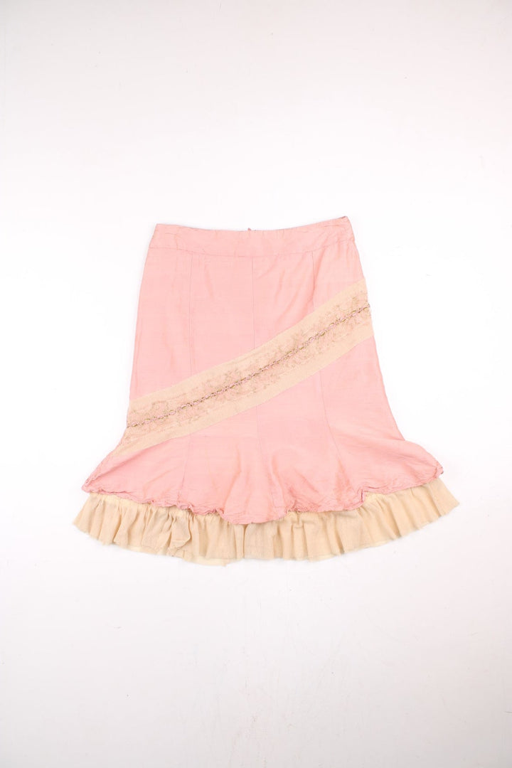 Vintage Y2K Floral Silk skirt in pink colourway, high waisted with floral stripe pattern across the front.