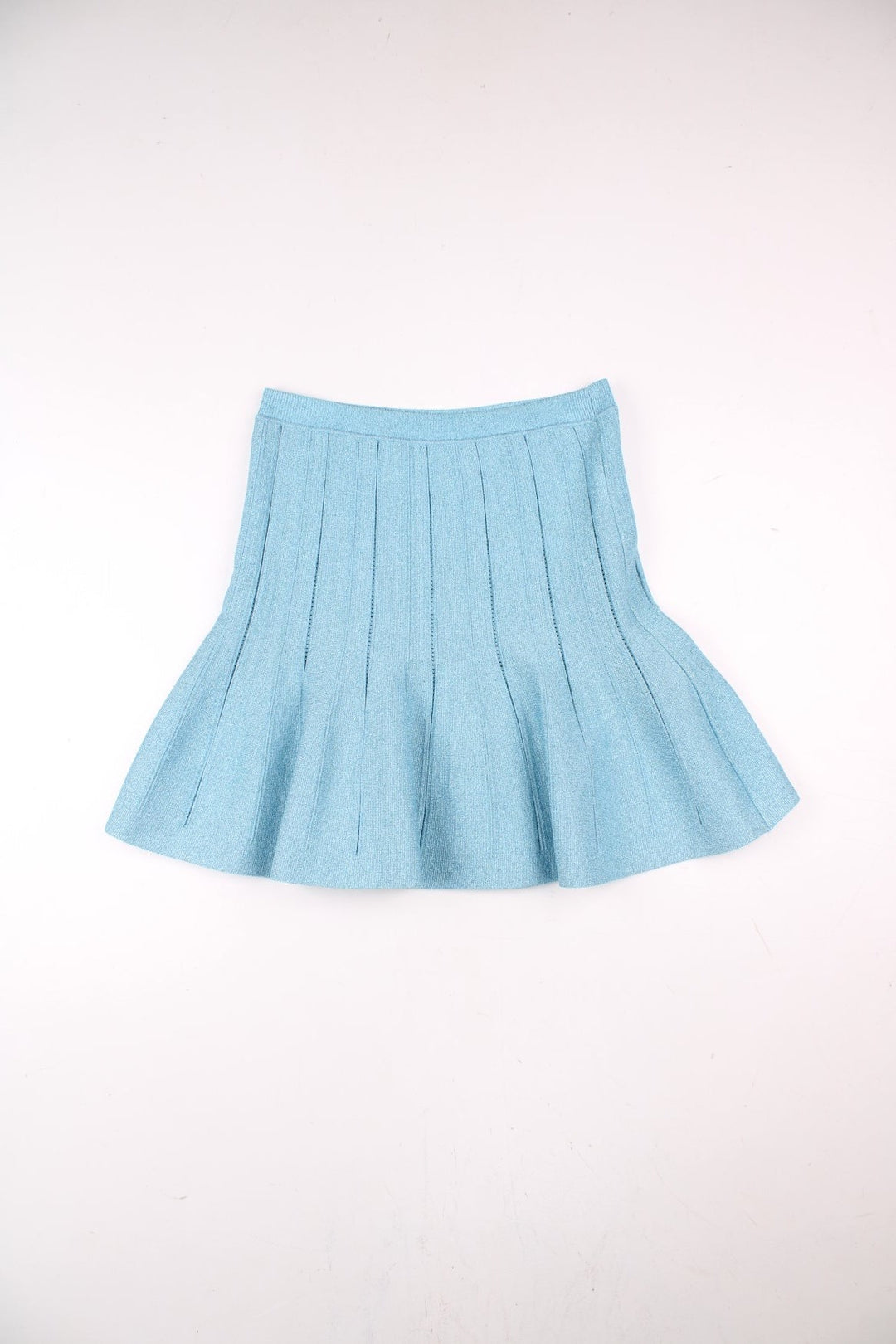 Vintage Alberta Ferretti Flared Mini skirt in blue colourway, stretch lurex kint and has a elasticated waist.