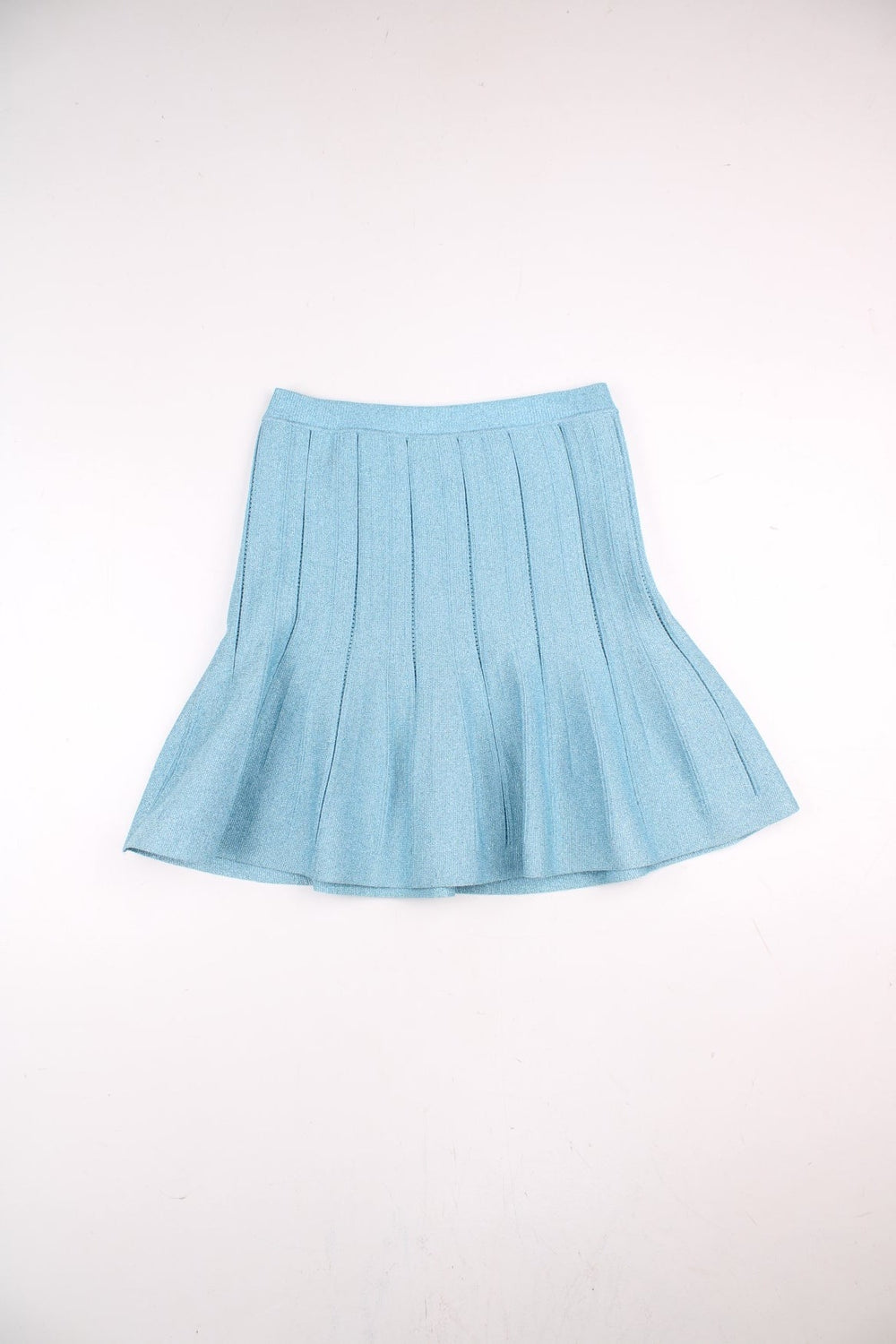 Vintage Alberta Ferretti Flared Mini skirt in blue colourway, stretch lurex kint and has a elasticated waist.