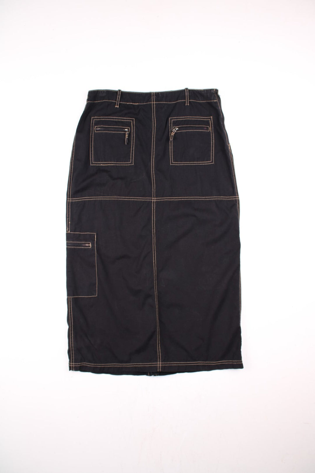 Y2K Cargo Skirt in black colourway with cross stitching throughout and has multiple utility pockets.