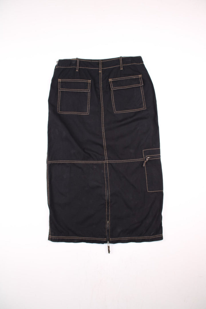 Y2K Cargo Skirt in black colourway with cross stitching throughout and has multiple utility pockets.