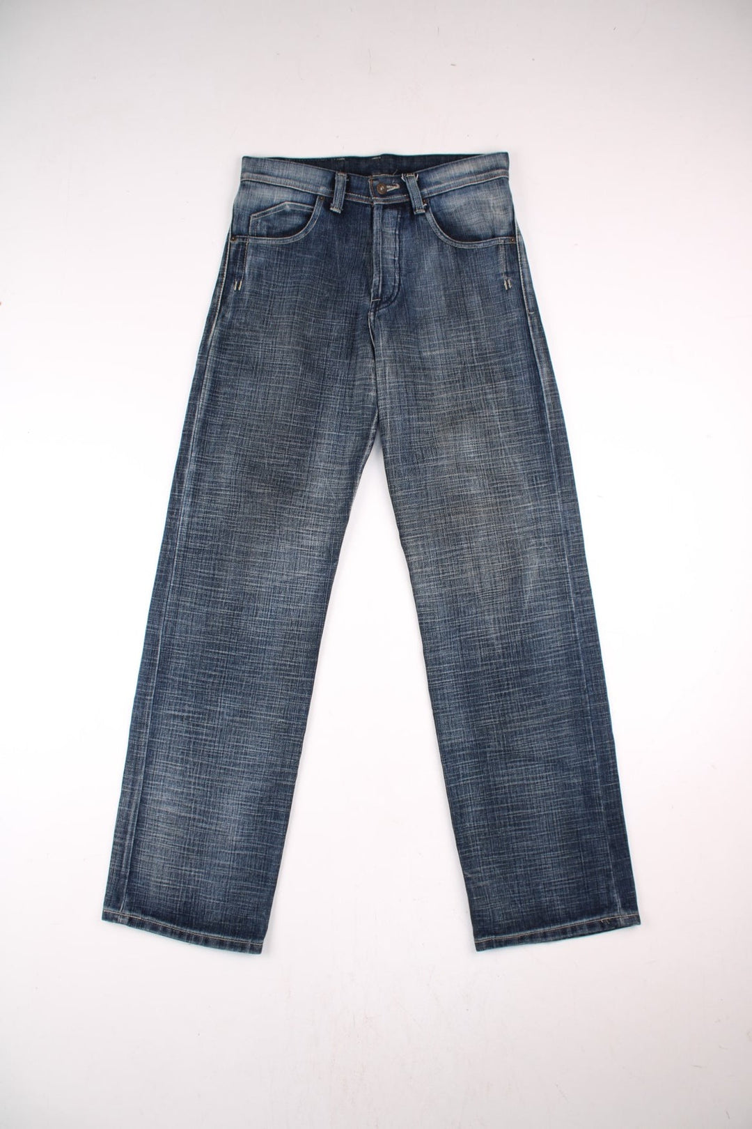 Von Dutch low rise jeans in blue denim colourway with pockets and the logo embroidered on the back.