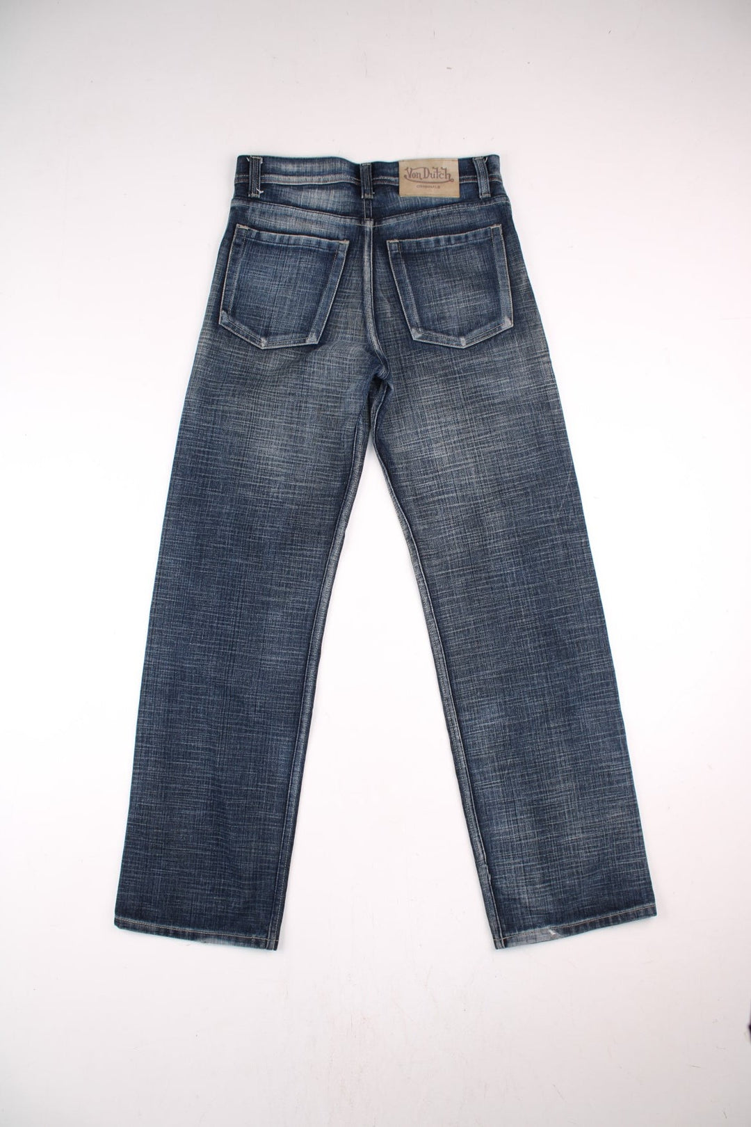 Von Dutch low rise jeans in blue denim colourway with pockets and the logo embroidered on the back.