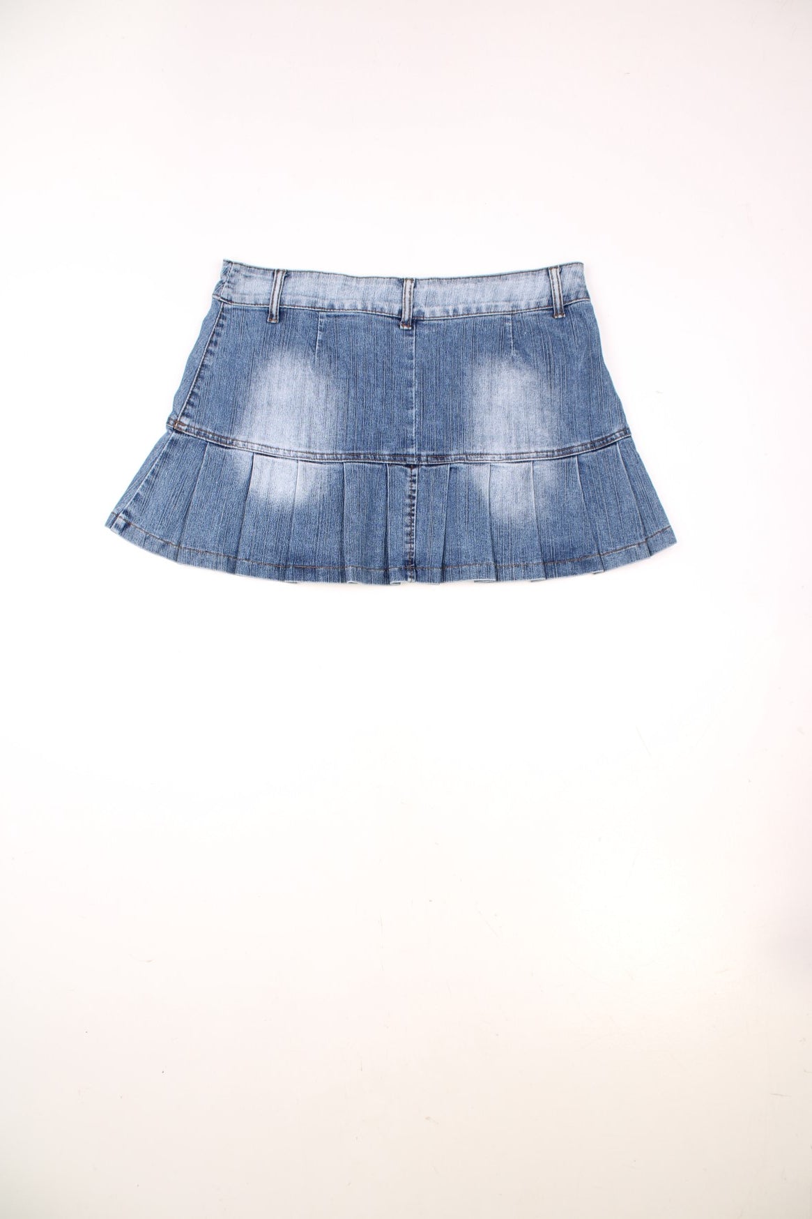 Y2K pleated denim skirt by LET ME TRY with an attached belt, zip closure, and two buttoned front pockets. 