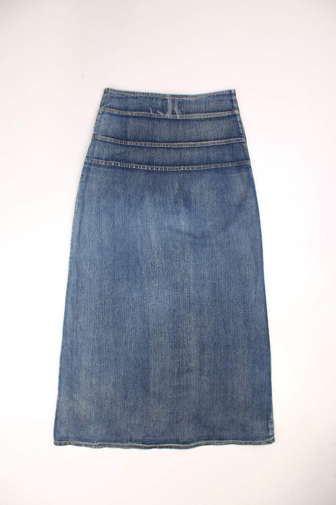 Y2K denim maxi skirt by Cheer Up, with button closure and floral embroidery.  