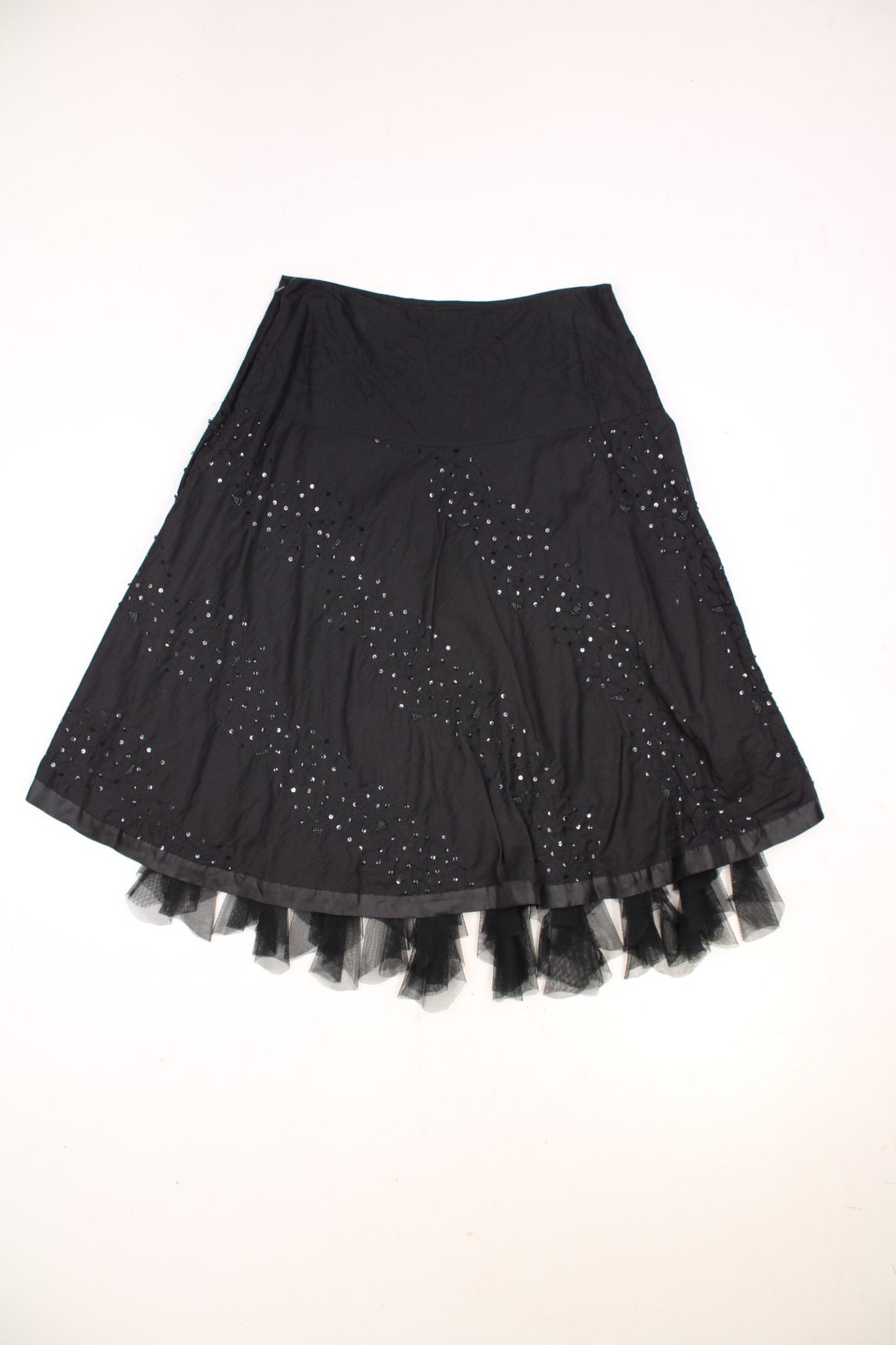 Y2K black skirt with tulle-hemmed underskirt and floral sequined embroidery. 