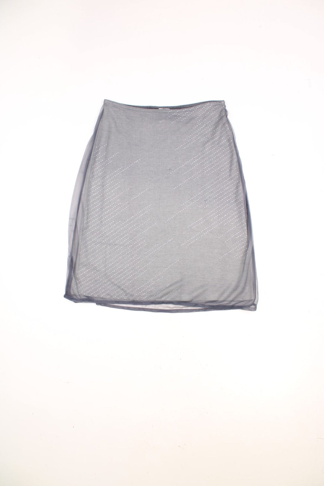 Y2K Morgan de Toi skirt in grey with silver glitter detailing, an elasticated waistband and a darker grey mesh overlayer. 