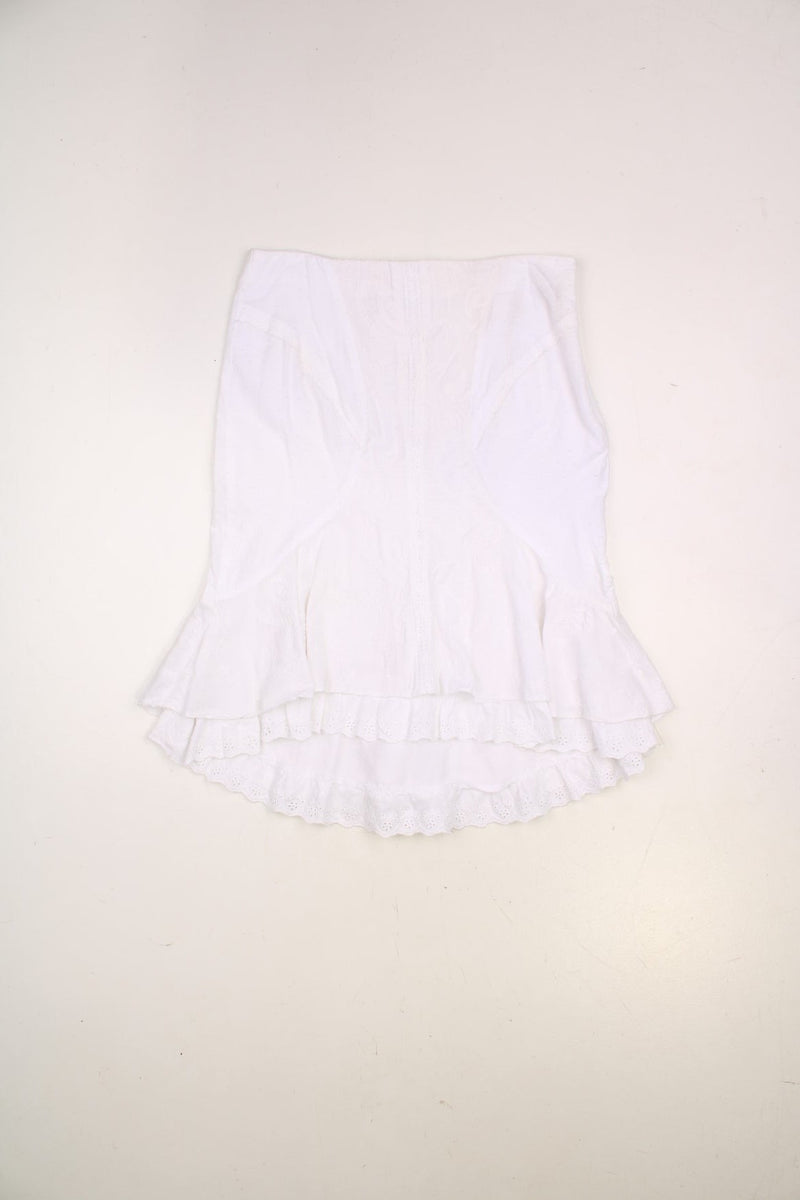 Y2K Jane Norman white broderie anglaise midi skirt with a white ribbon lace-up back detail. 100% cotton. 