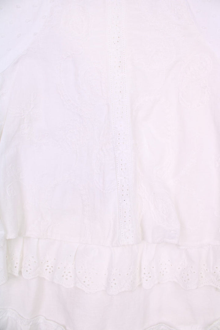 Y2K Jane Norman white broderie anglaise midi skirt with a white ribbon lace-up back detail. 100% cotton. 