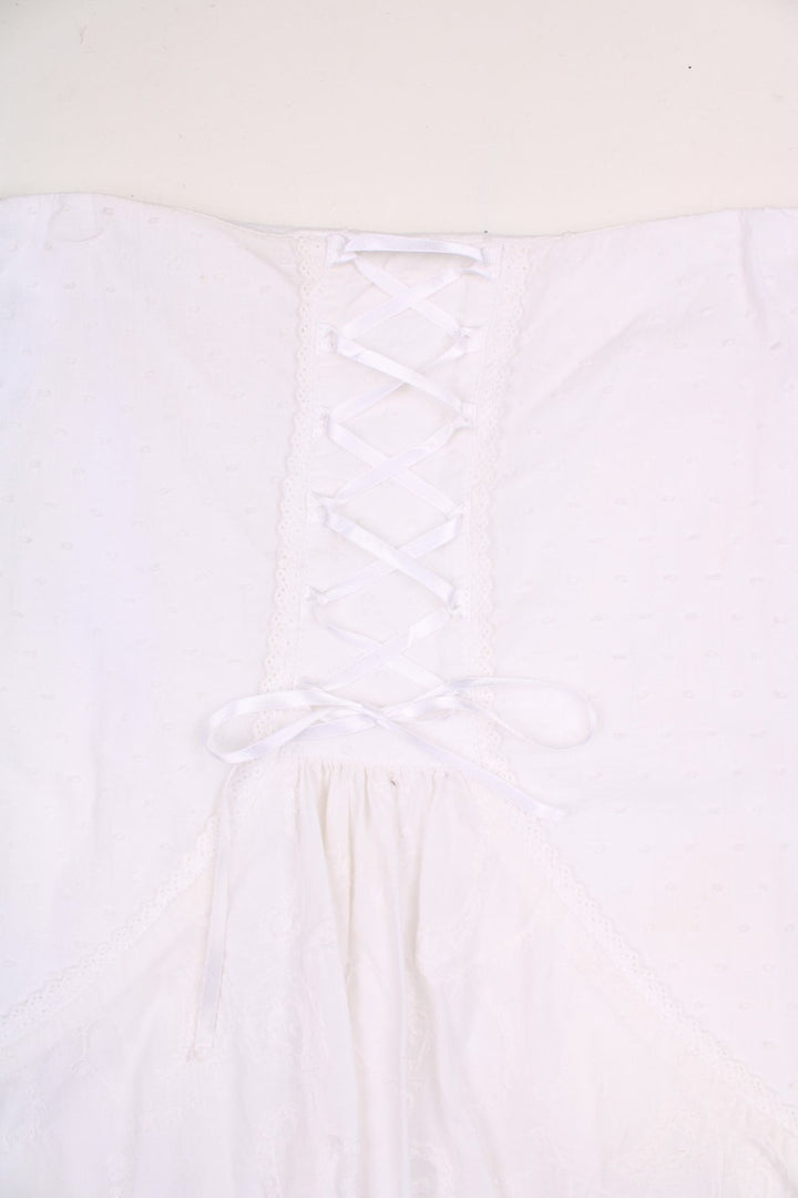 Y2K Jane Norman white broderie anglaise midi skirt with a white ribbon lace-up back detail. 100% cotton. 