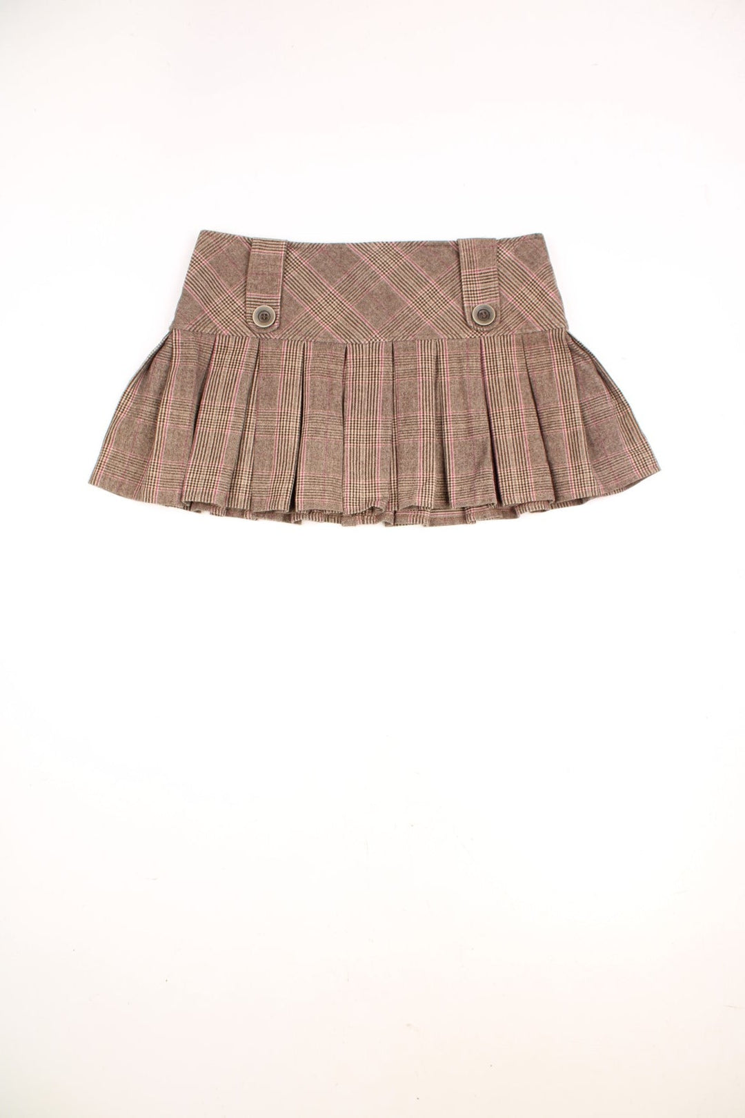 Y2K BAY brown pleated dogtooth plaid mini skirt with zip closure and button detailing. 