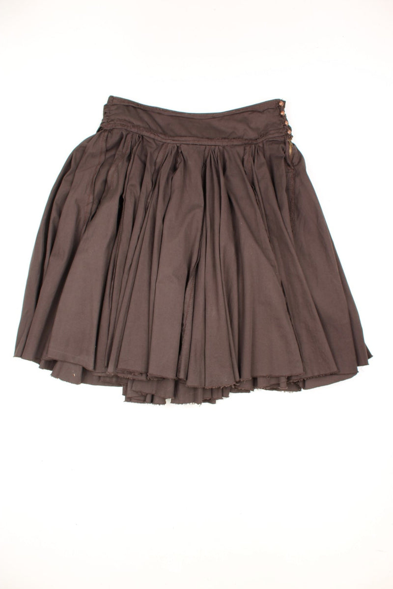 Y2K River island brown smocked gathered cotton midi skirt with a thick statement waistband and a long waist tie. Has 4 copper fastenings down the waistband and a zip fastening down the side.