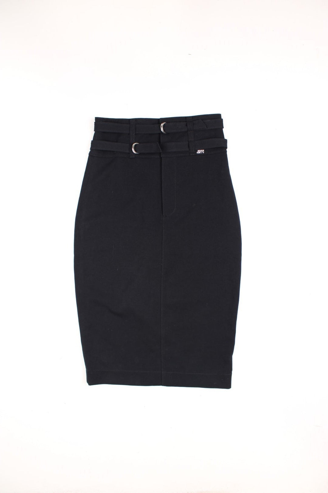 Y2K Miss Sixty skirt in black colourway with double belt detail and zip front.