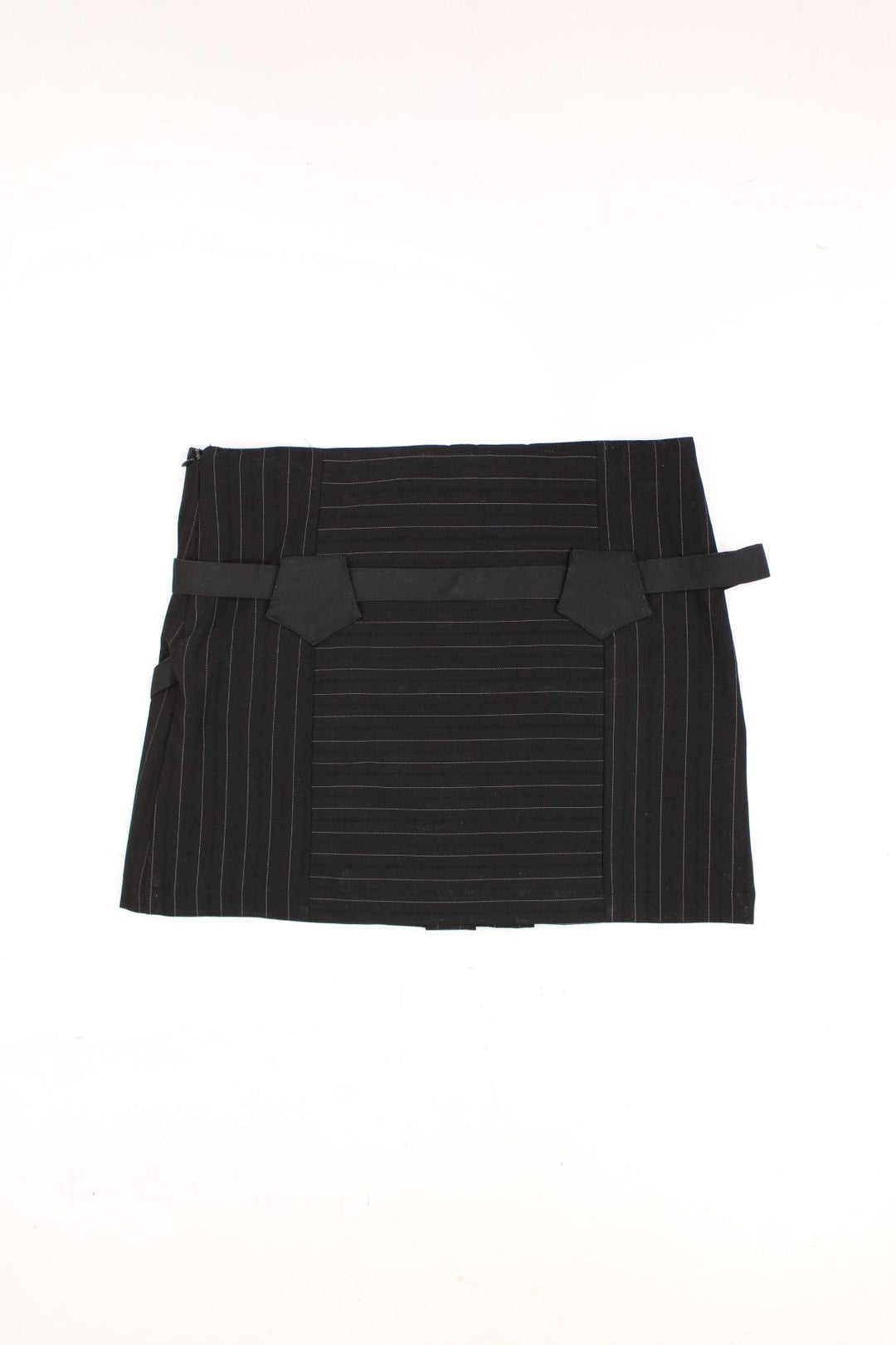 Y2K pleated and pinstripe mini skirt in black with strap detail.