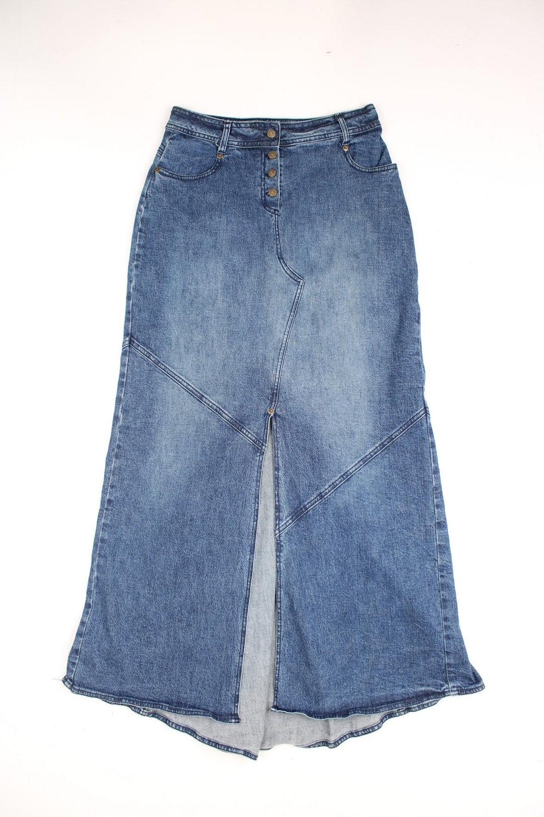 Vintage, denim maxi skirt with pockets, split from and button up closure.