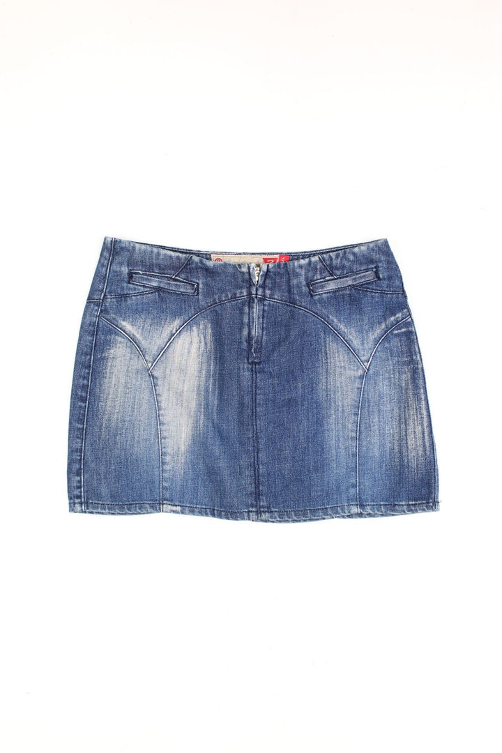 Guess denim mini skirt in blue with pockets and sewn detail.