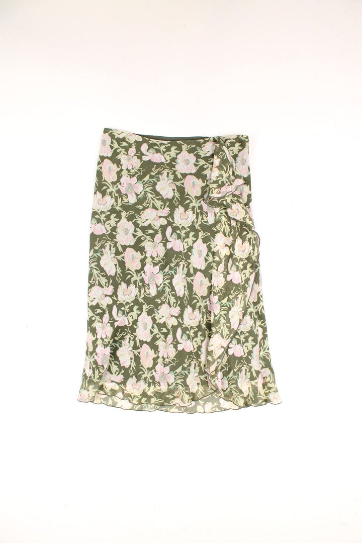 Laura Ashley floral midi skirt in green with pink flowers and ruffle detail.