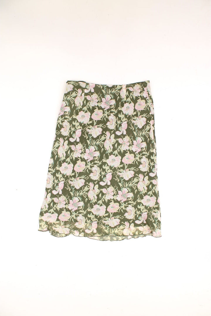 Laura Ashley floral midi skirt in green with pink flowers and ruffle detail.