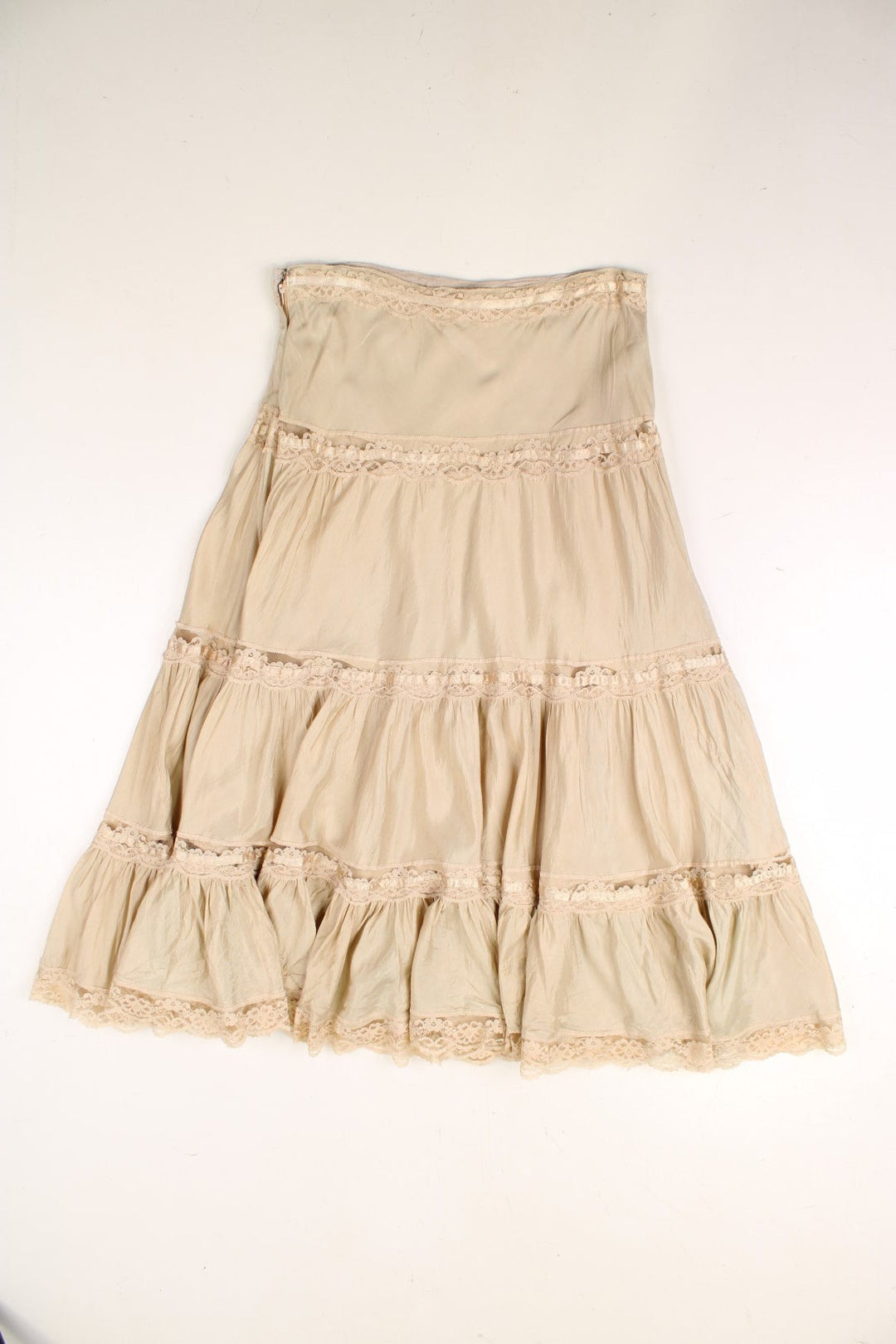 Y2K maxi Skirt  in tan with lace and ribbon detail.