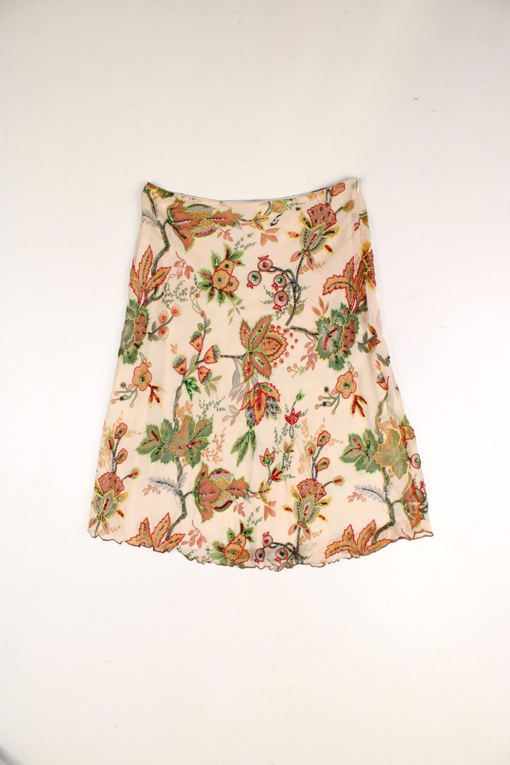 Y2K floral midi skirt in cream with multicoloured flowers. Featuring sequin detail