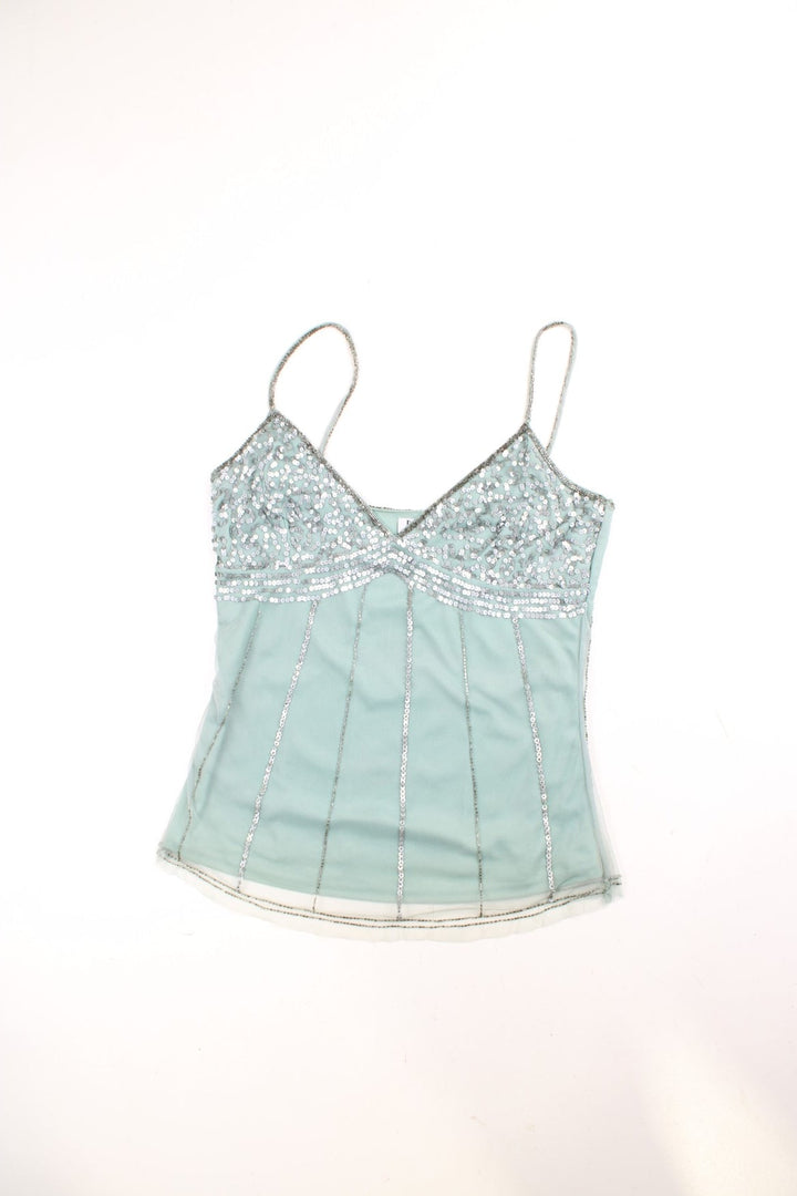 Y2K Bay cami top in pale blue with silver sequins and beads.