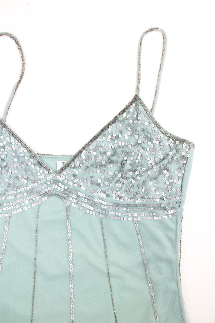 Y2K Bay cami top in pale blue with silver sequins and beads.