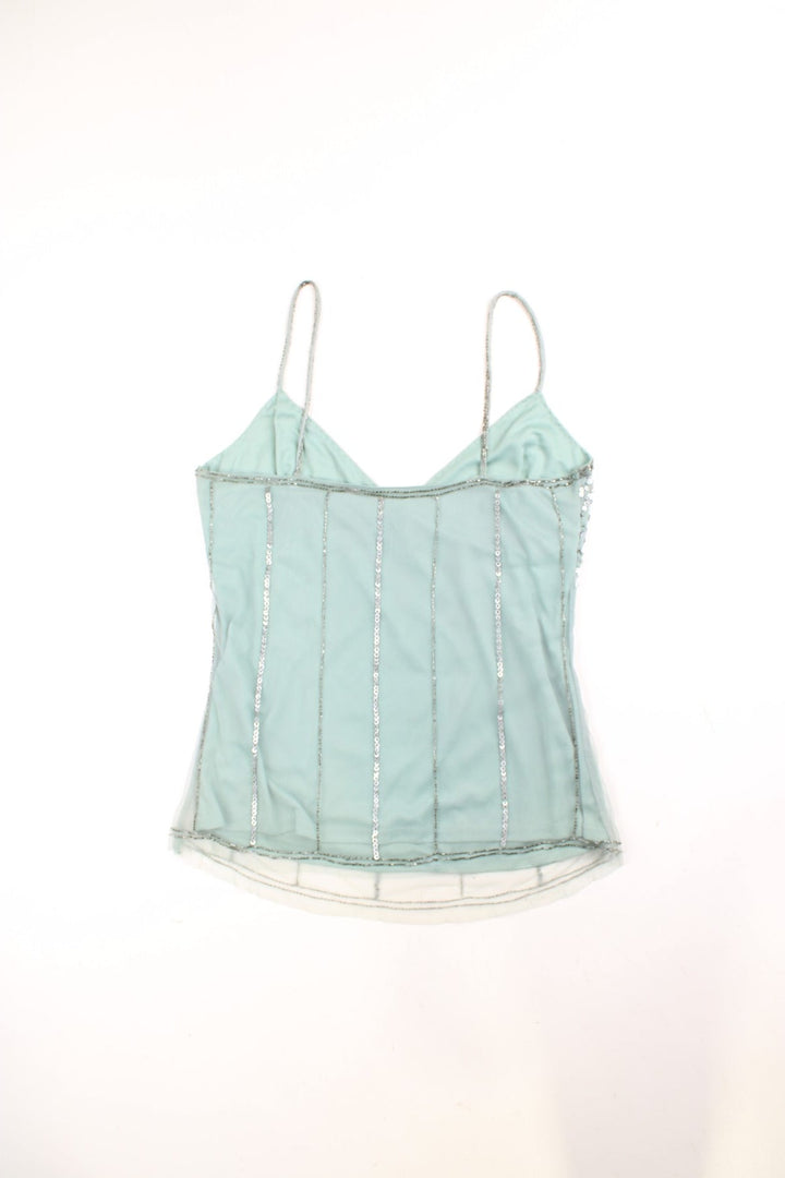 Y2K Bay cami top in pale blue with silver sequins and beads.