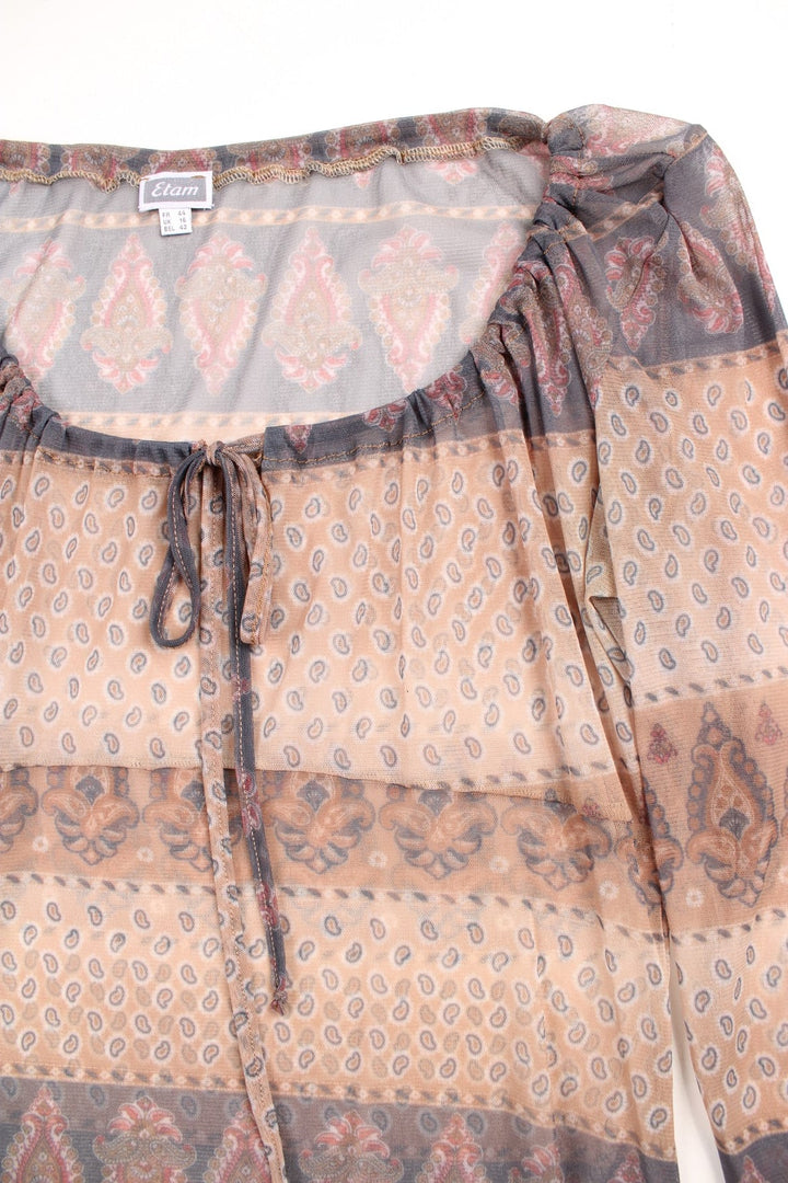 Y2K Etam mesh top in a brown and tan bohemian paisley print with fluted sleeves, a lettuce hem, and a drawstring-adjustable neckline which ties at the front.