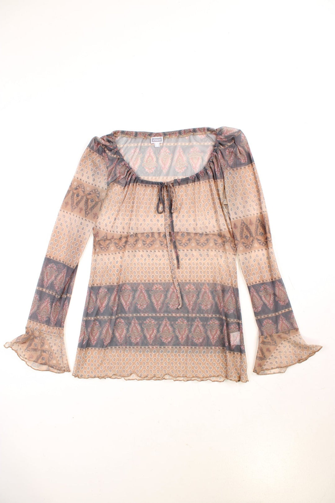 Y2K Etam mesh top in a brown and tan bohemian paisley print with fluted sleeves, a lettuce hem, and a drawstring-adjustable neckline which ties at the front.